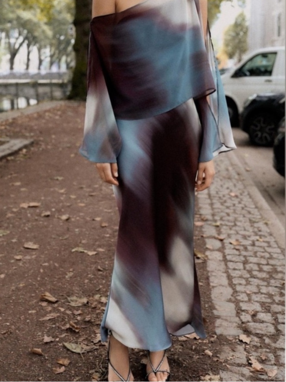Zara Blue and Brown Satin-Effect Print Midi Dress